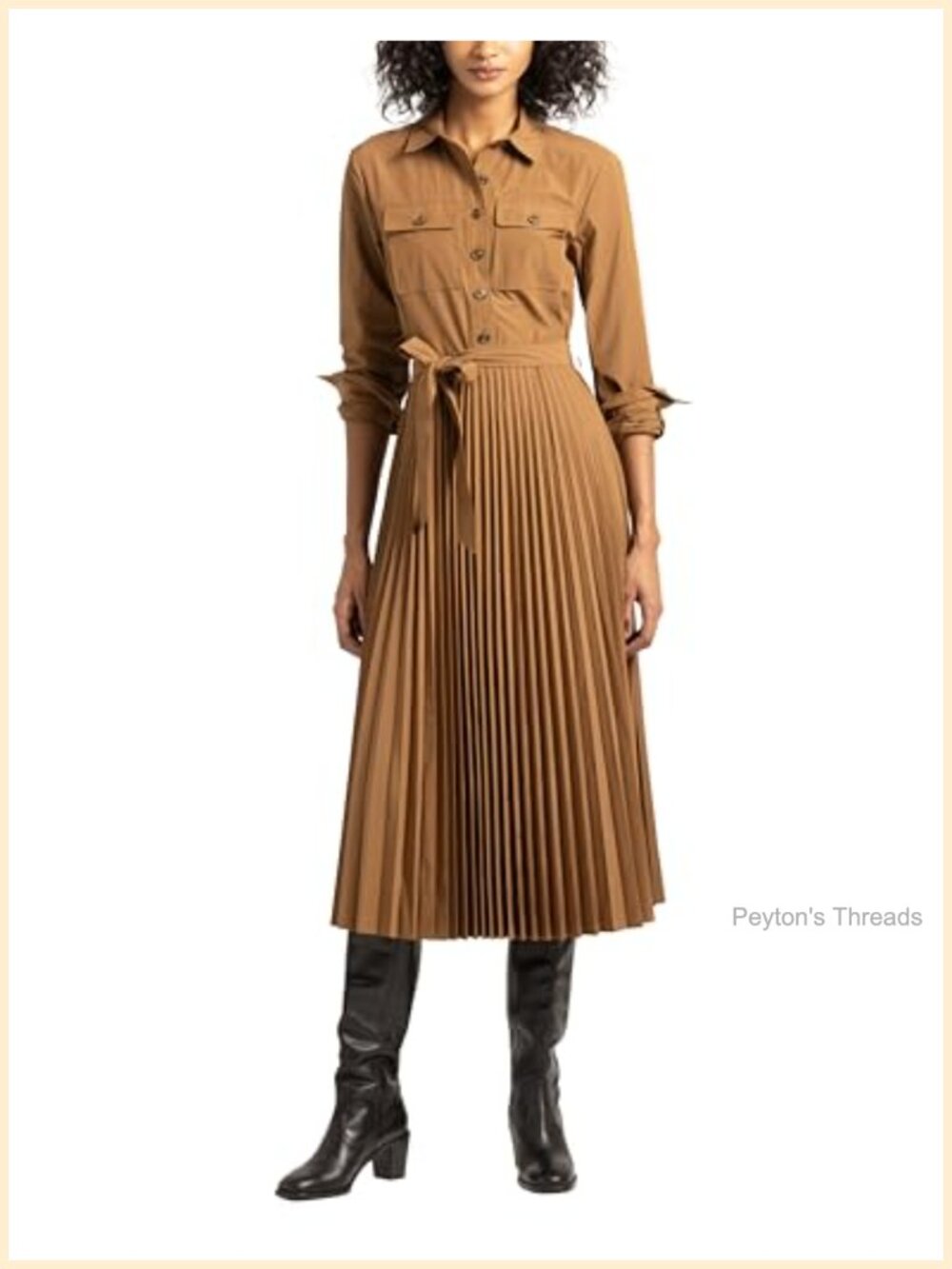 Pleated Midi Shirt Dress Long Sleeve Collared Button Front